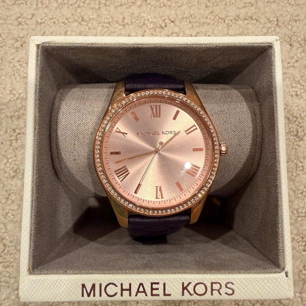 Michael Kors Rose Gold Dial Watch with Dark Blue Strap